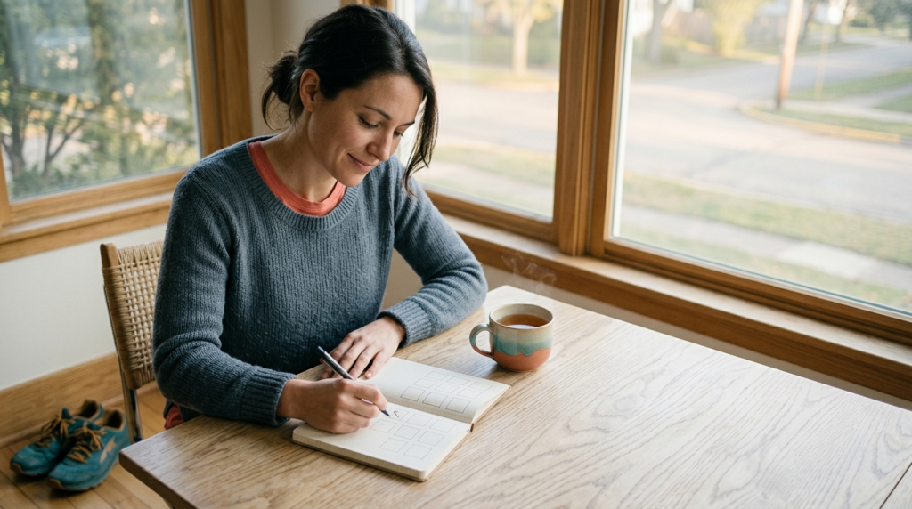 Person marking a daily habit journal by a sunlit window