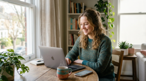 A solo entrepreneur by a sunlit window landing a first sale on a laptop
