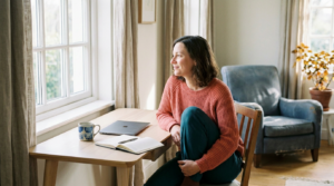 A person pausing at a sunlit desk beside a window, taking a break between decisions