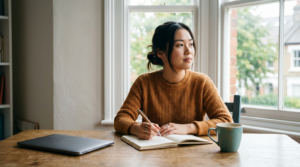 A person pausing mid-thought while writing in a paper notebook at a sunlit desk