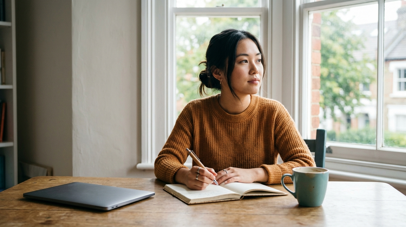 A person pausing mid-thought while writing in a paper notebook at a sunlit desk