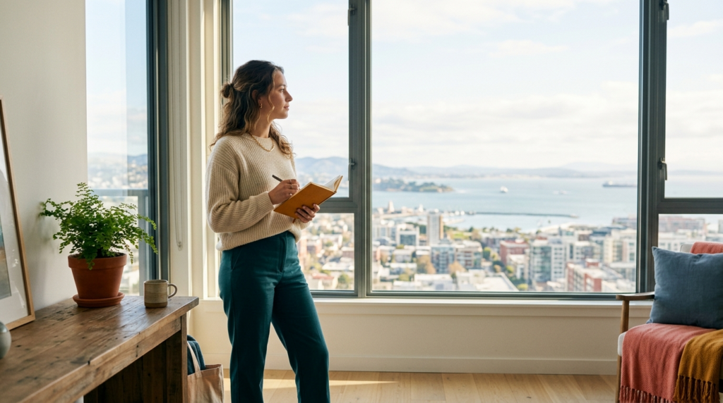 A person at a window deciding a career direction in warm morning light