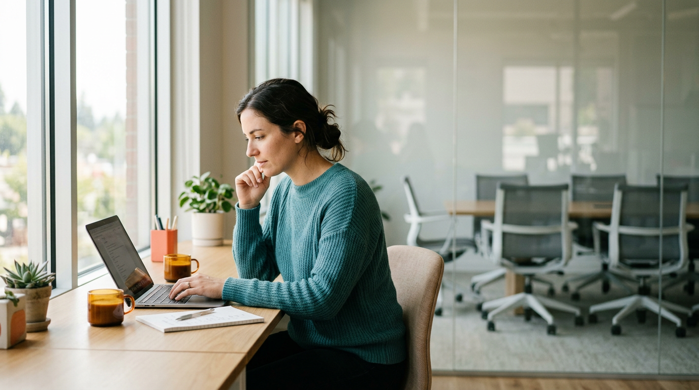 A person working with uninterrupted focus beside an empty meeting room