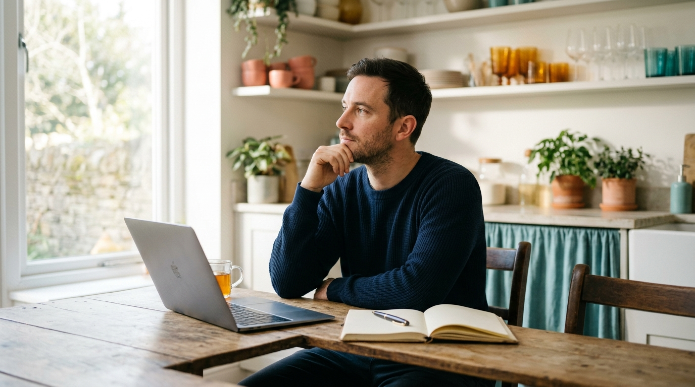 Person pausing thoughtfully at a sunlit table beside an open laptop and a notebook