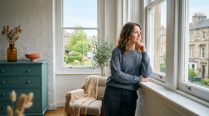 A person by a window reassessing forecasts, calibrating judgment about the future
