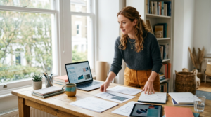 Professional standing at a bright desk by a window, directing and arranging pieces of work into one result