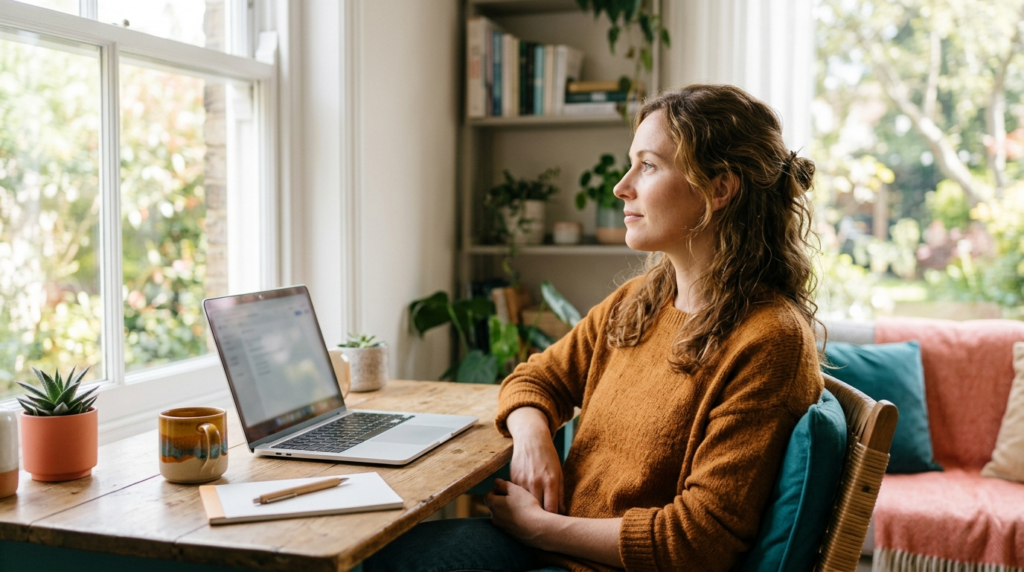 A person pausing beside a sunlit window at a home desk, stepping back from a laptop