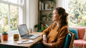 A person pausing beside a sunlit window at a home desk, stepping back from a laptop