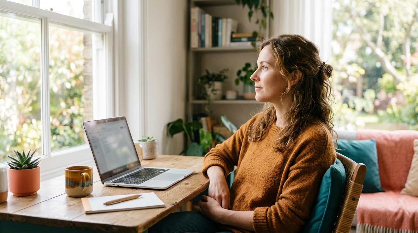A person pausing beside a sunlit window at a home desk, stepping back from a laptop