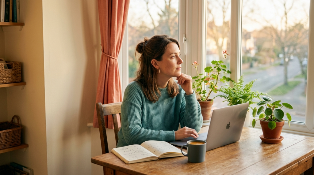 Person at a sunlit kitchen table planning independent income growth