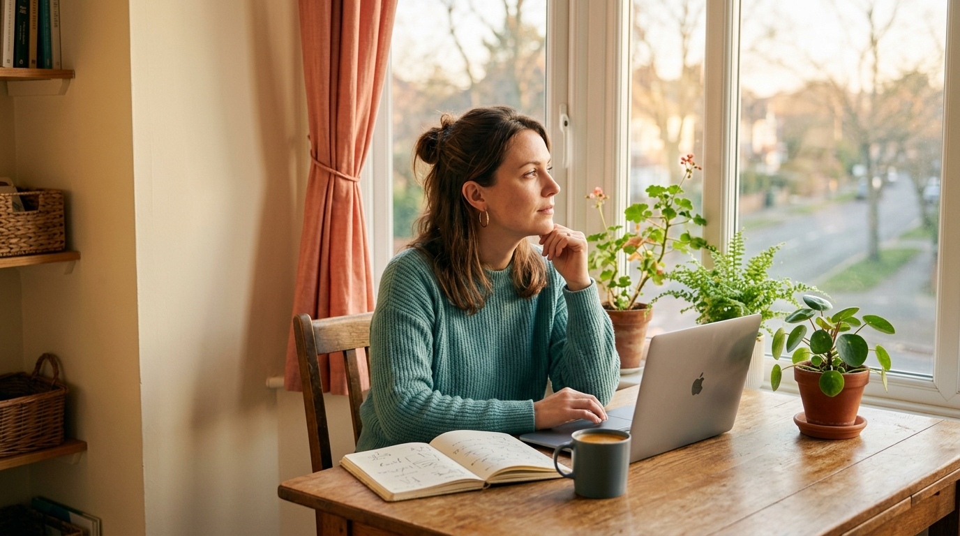 Person at a sunlit kitchen table planning independent income growth