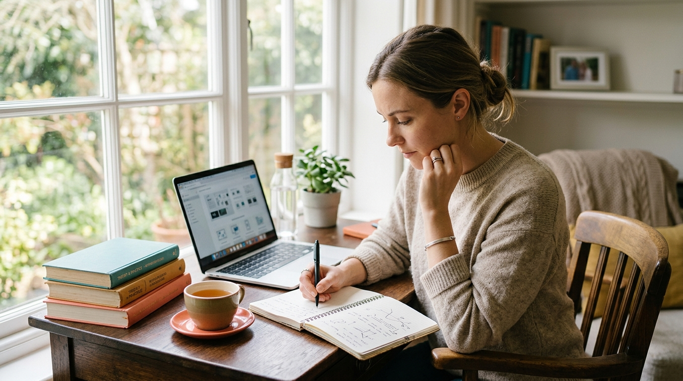 Adult learner at a bright desk by a window, writing study notes beside a laptop and books while self-teaching a skill
