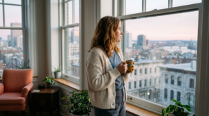 A person at a window watching the city skyline at dawn, an image of quiet foresight