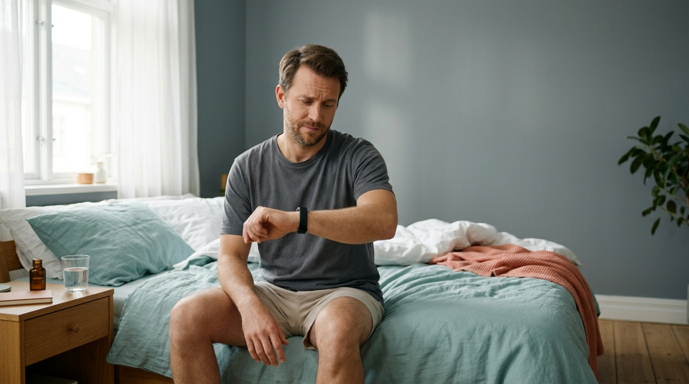 Person checking a fitness band on waking in morning light