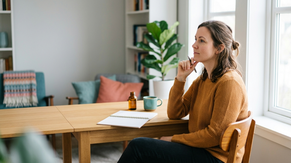 A person pausing mid-thought at a sunlit desk, reconsidering a decision