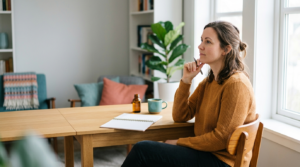 A person pausing mid-thought at a sunlit desk, reconsidering a decision