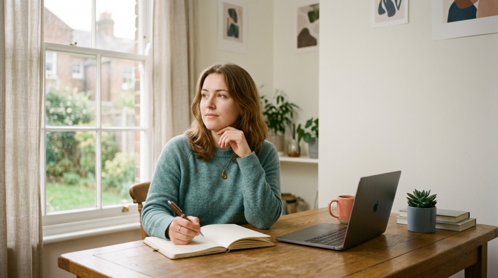 A thoughtful professional pausing to think before reaching for an AI tool