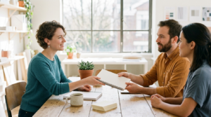 An expert hands a printed method guide across a sunlit table to two colleagues