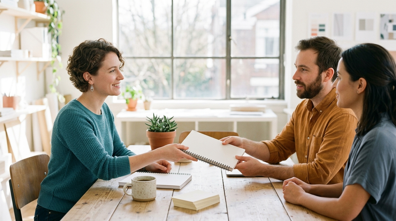 An expert hands a printed method guide across a sunlit table to two colleagues