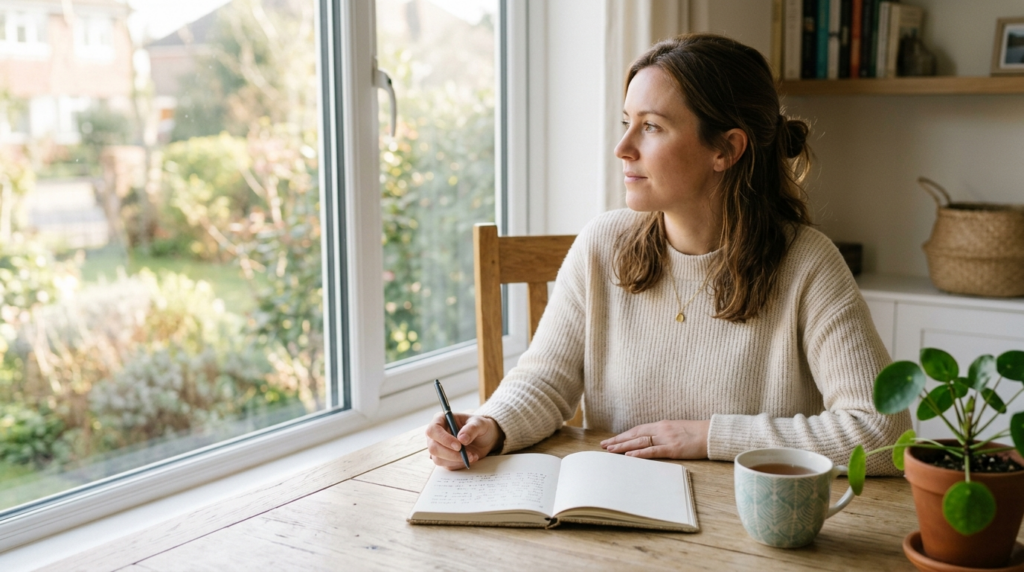 A woman sits at a wooden desk by a bright window with an open notebook, pen in hand, looking out thoughtfully