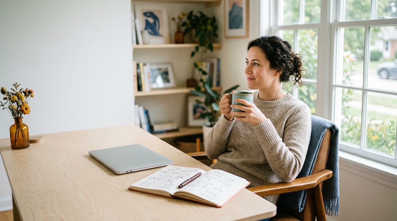 Independent software maker reviewing her product economics in a bright home workspace