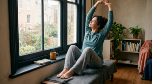 A person stretching by a sunlit window with a mug of coffee, a calm sustainable morning