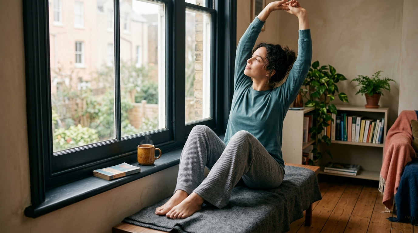 A person stretching by a sunlit window with a mug of coffee, a calm sustainable morning