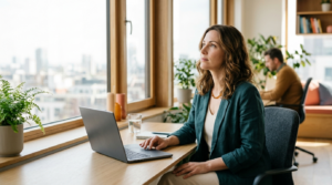 A professional pausing beside a window to weigh an AI system output before accepting it