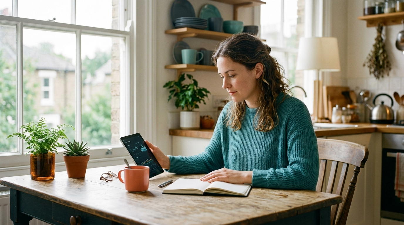 A person reviewing their finances at a sunlit table, doing the real ongoing work behind income