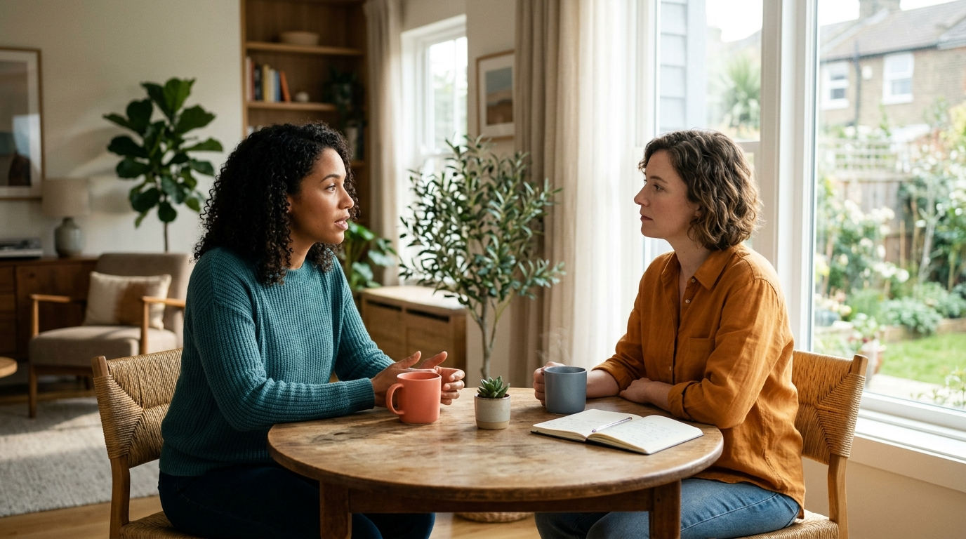 Two people rehearsing a difficult conversation across a table in bright window light