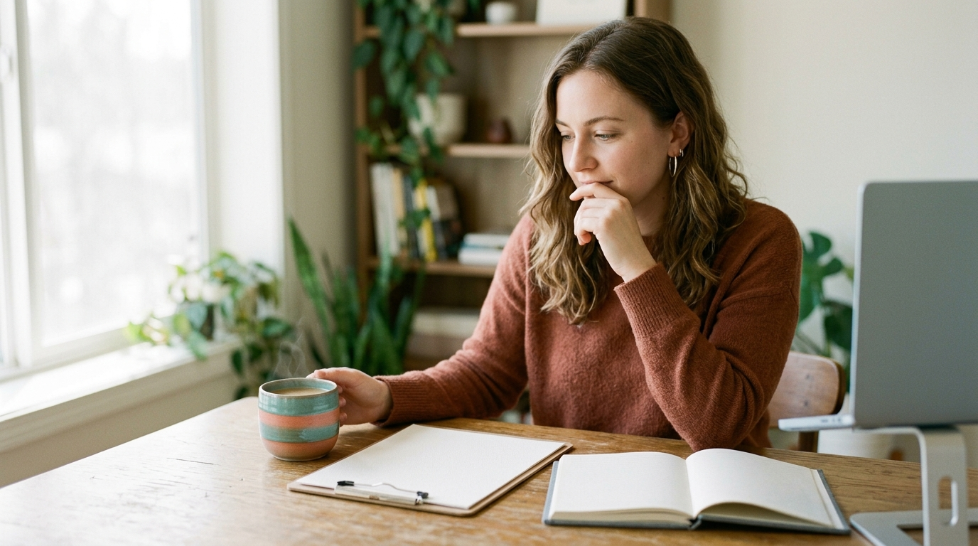 Independent professional reviewing a proposal at a sunlit desk while making a pricing decision