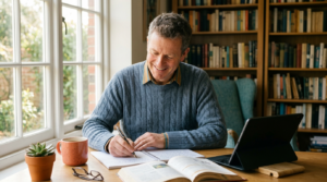 Adult learner taking notes at a sunlit desk beside a bookshelf