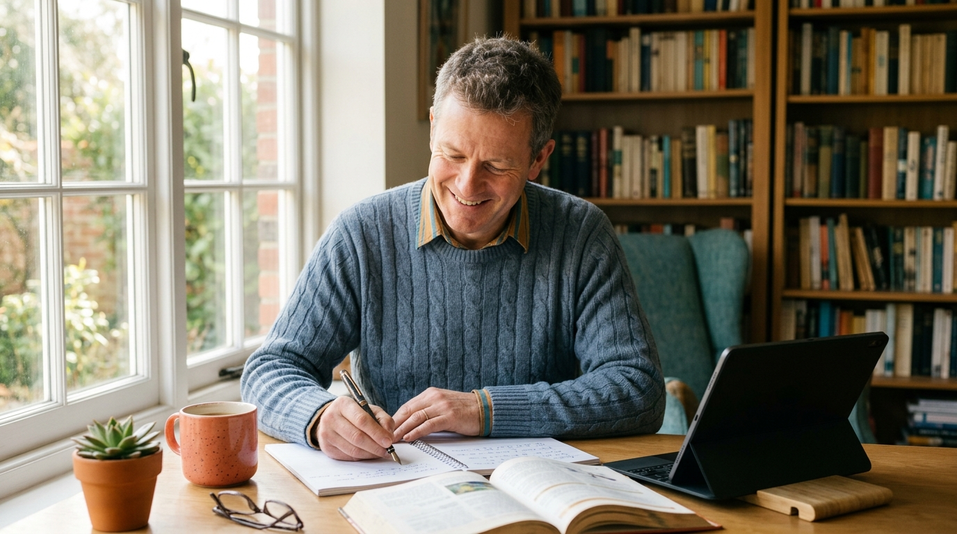 Adult learner taking notes at a sunlit desk beside a bookshelf