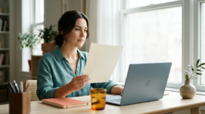 A professional reviewing a printed document in natural window light beside a laptop