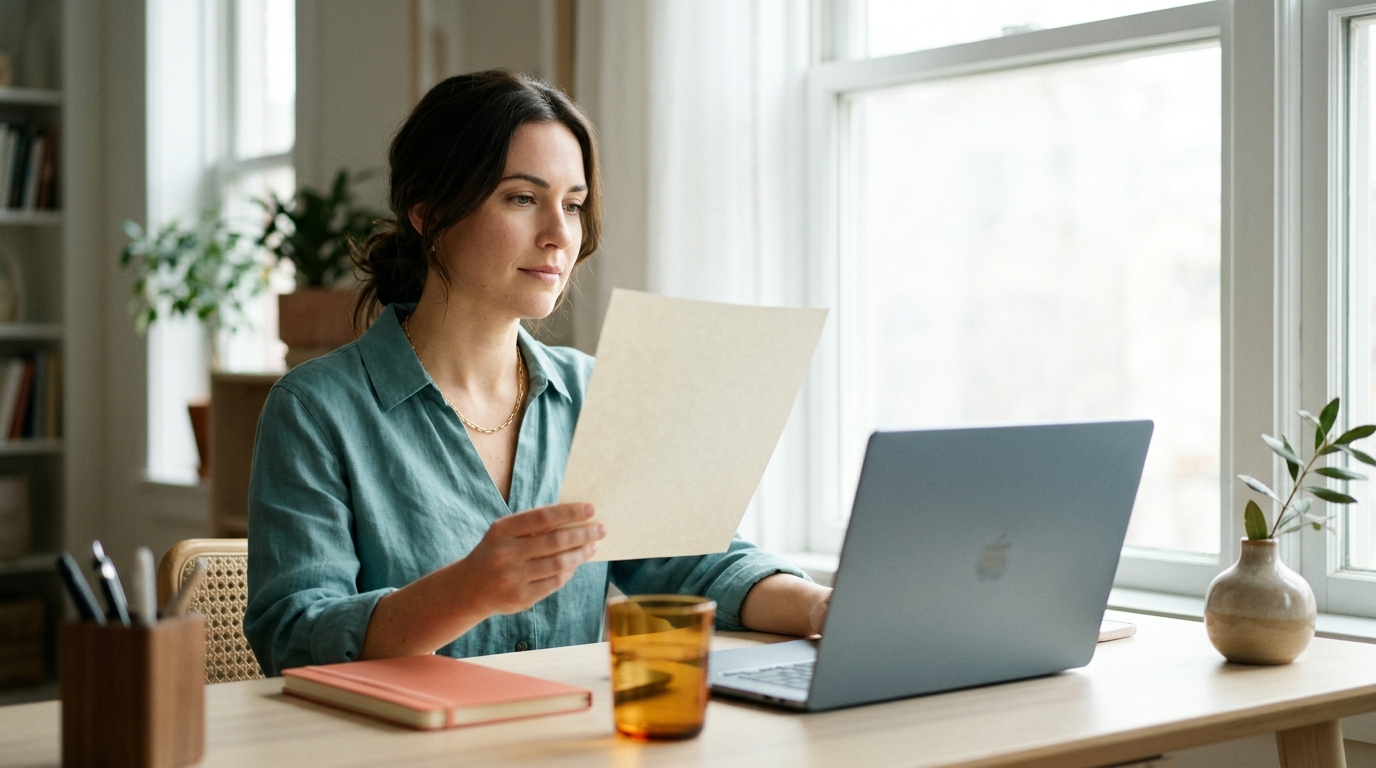 A professional reviewing a printed document in natural window light beside a laptop