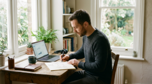 A man works alone at a home-office desk by a window, sketching a workflow diagram on a paper pad beside an open laptop