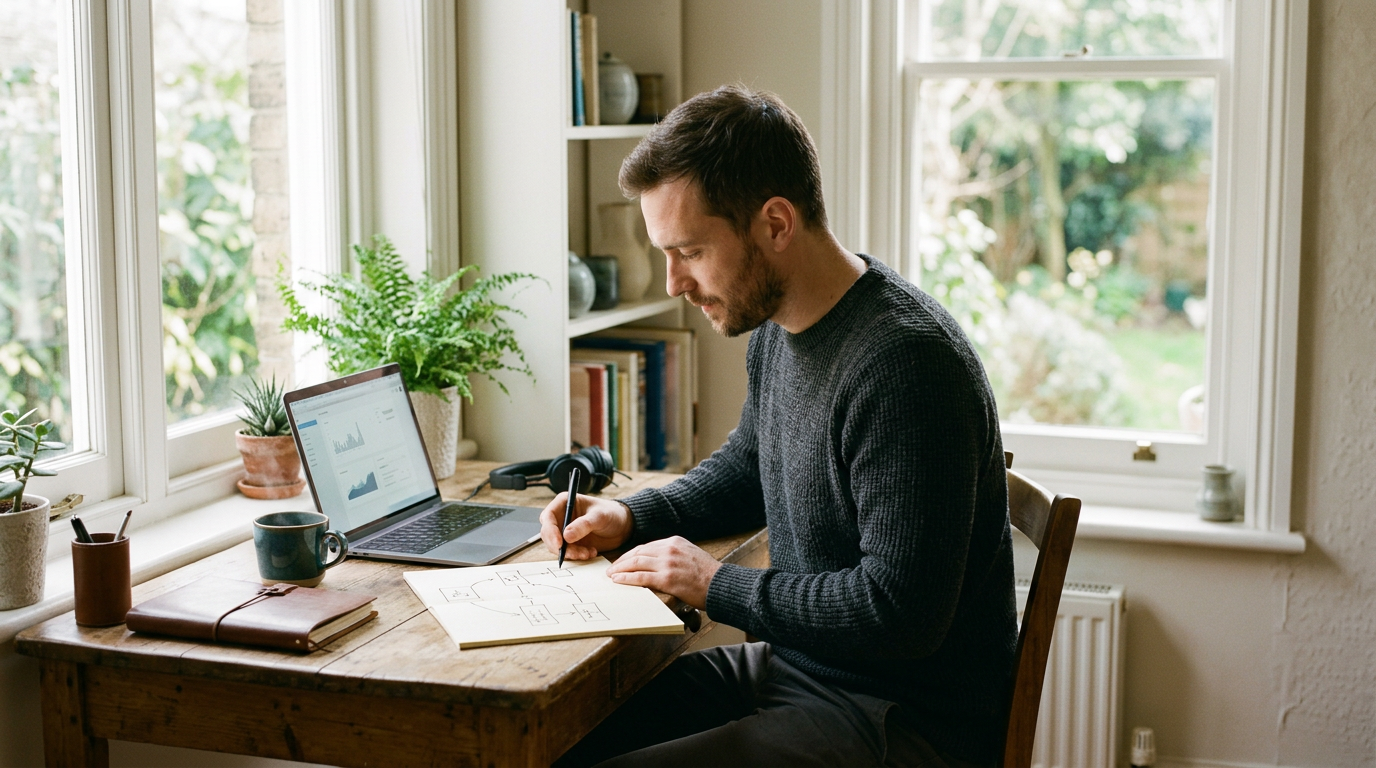 A man works alone at a home-office desk by a window, sketching a workflow diagram on a paper pad beside an open laptop