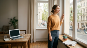 Person pausing at a sunlit window beside an open laptop before making a decision