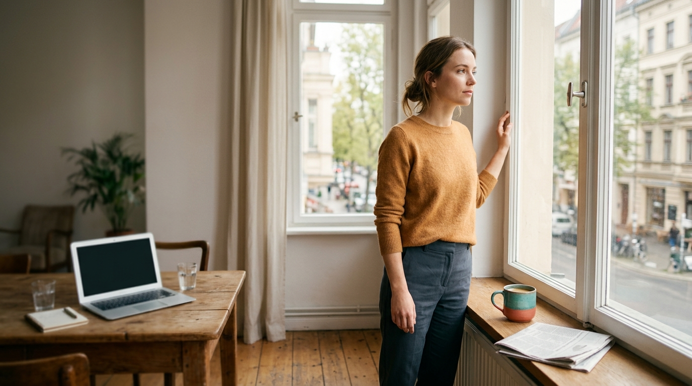 Person pausing at a sunlit window beside an open laptop before making a decision