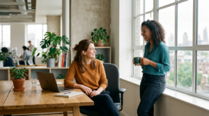 Two colleagues having an open conversation at a sunlit office desk