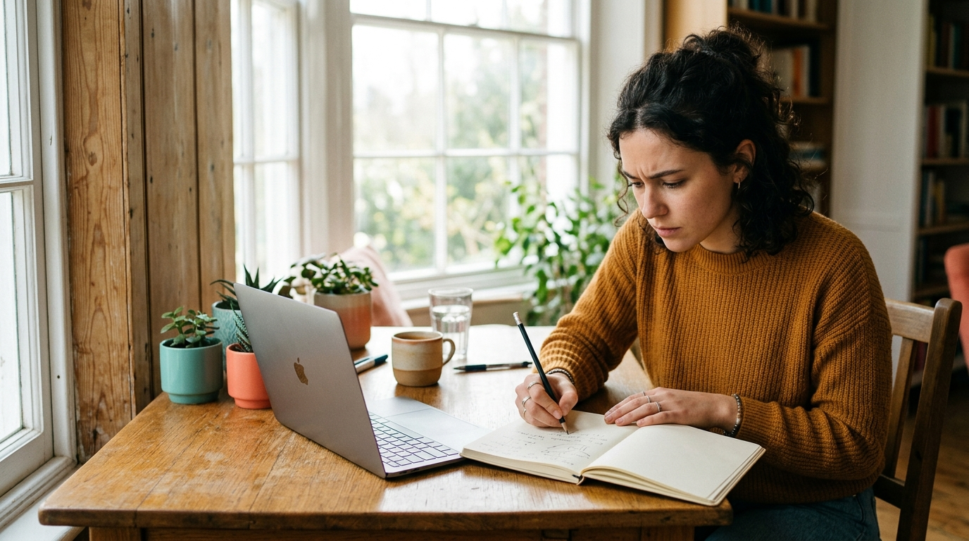 A person working a problem out by hand in a notebook beside a sunlit window, laptop pushed aside