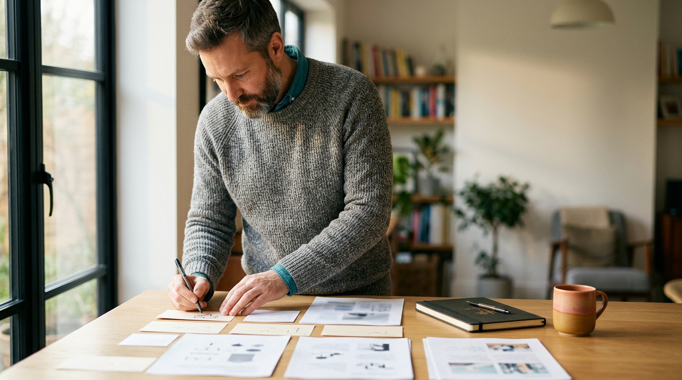 A person laying out and annotating printed process steps on a sunlit table beside a window