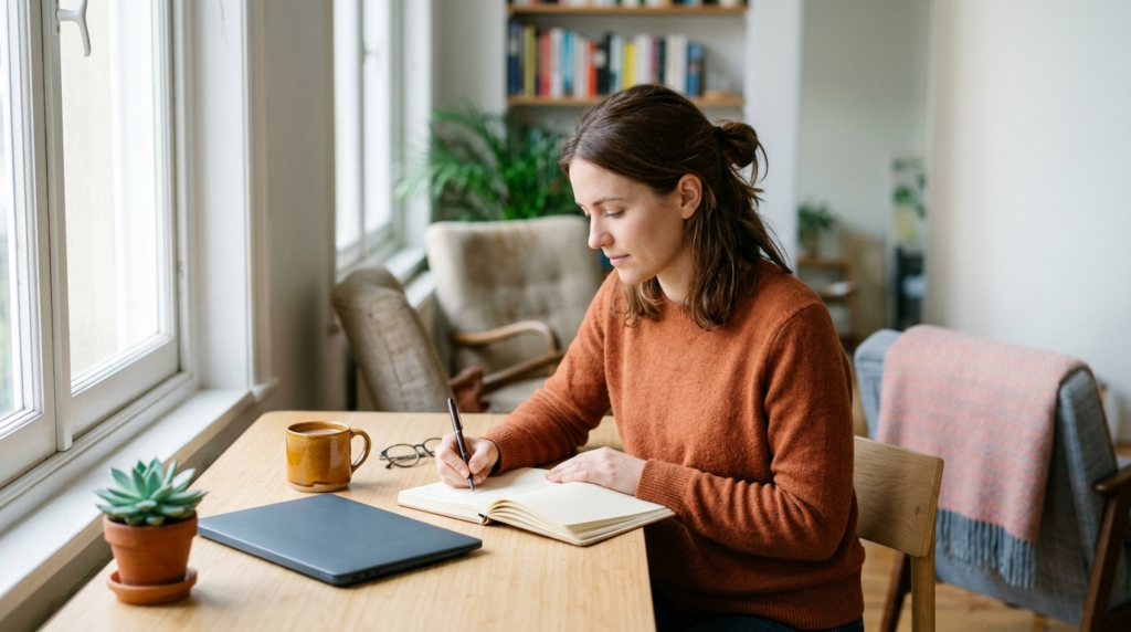 Person writing notes by hand at a sunlit desk beside a closed laptop