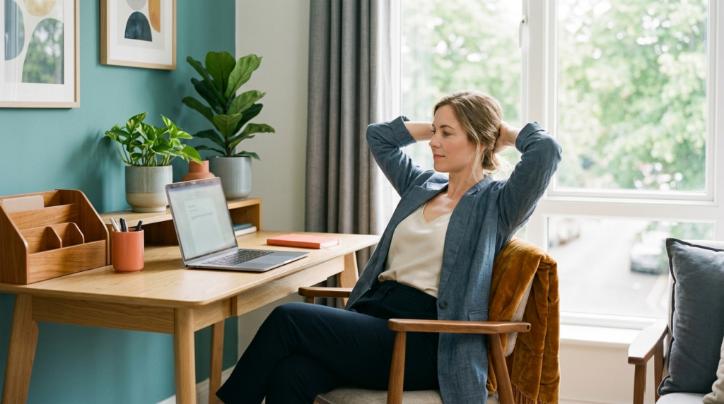 A calm professional overseeing work at a sunlit desk, delegating rather than doing every task
