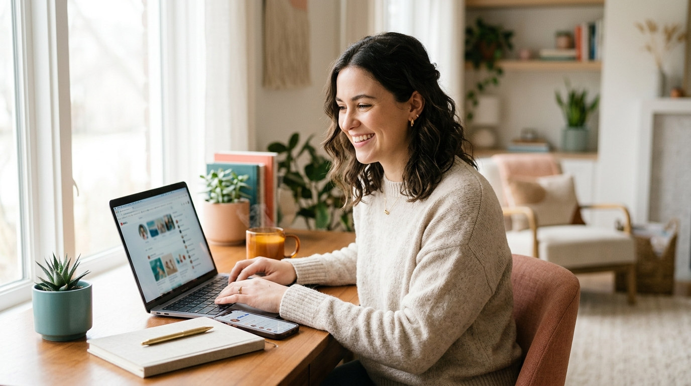A confident young creator building and connecting with a small online audience at a sunlit desk