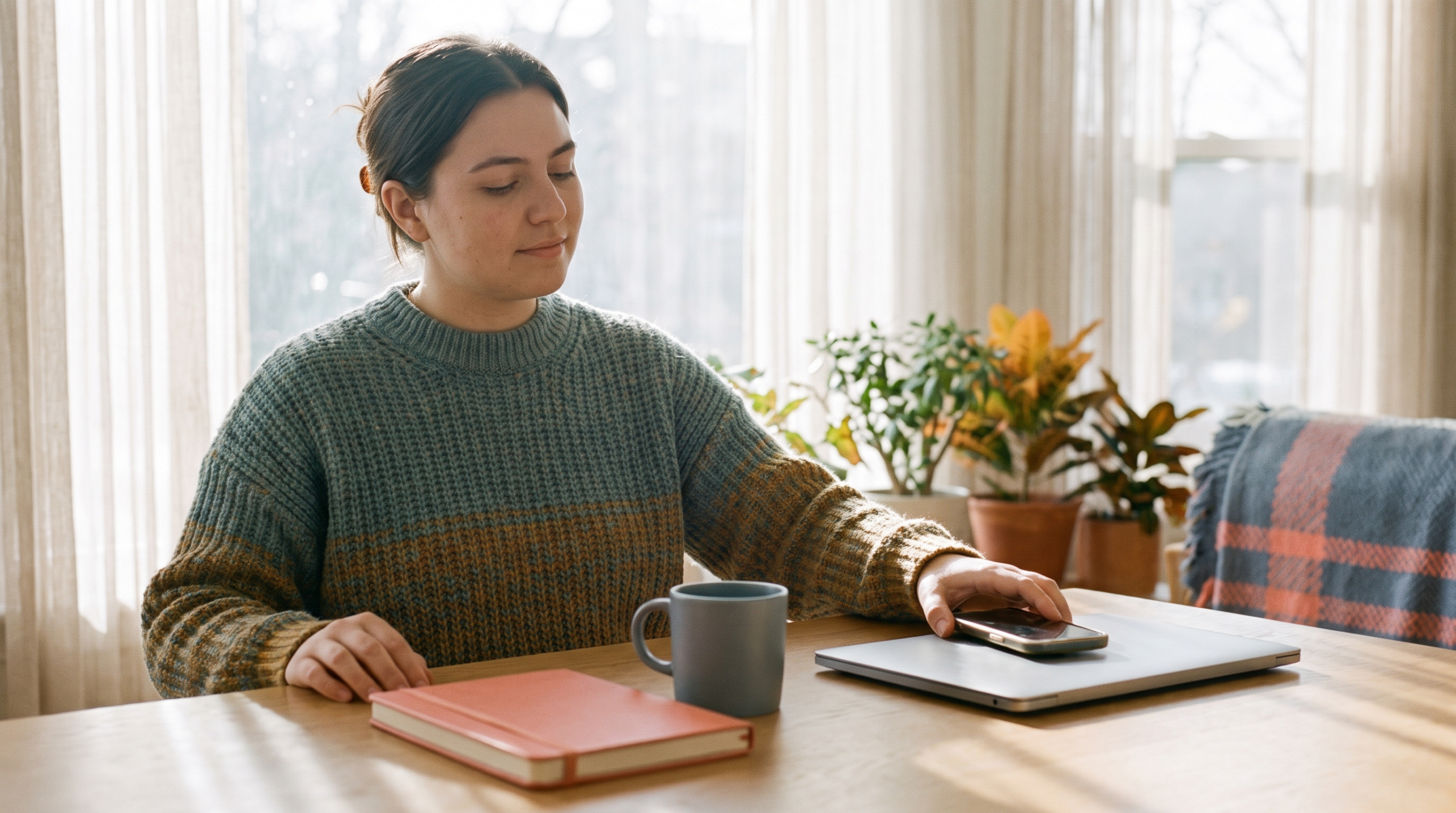 Calm person placing phone face-down at a tidy desk, reclaiming focus