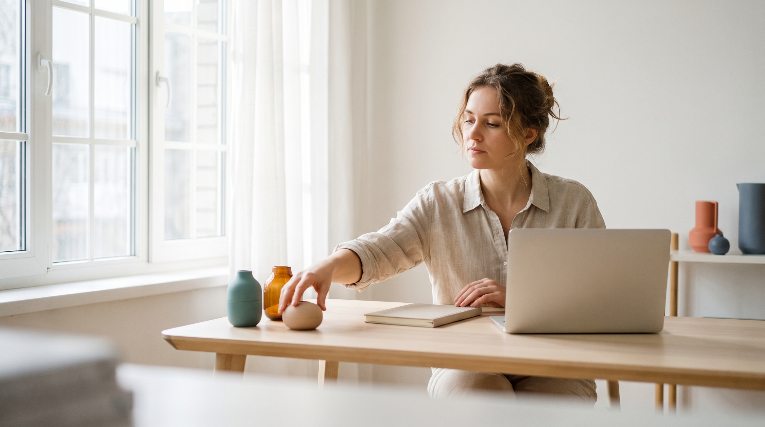 Focused solo entrepreneur choosing a single offer at a sunny desk