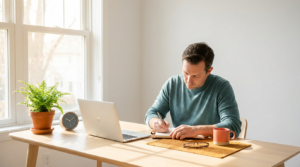 Focused person writing at a sunlit desk with a clock and plant, working in a 90-minute focus block