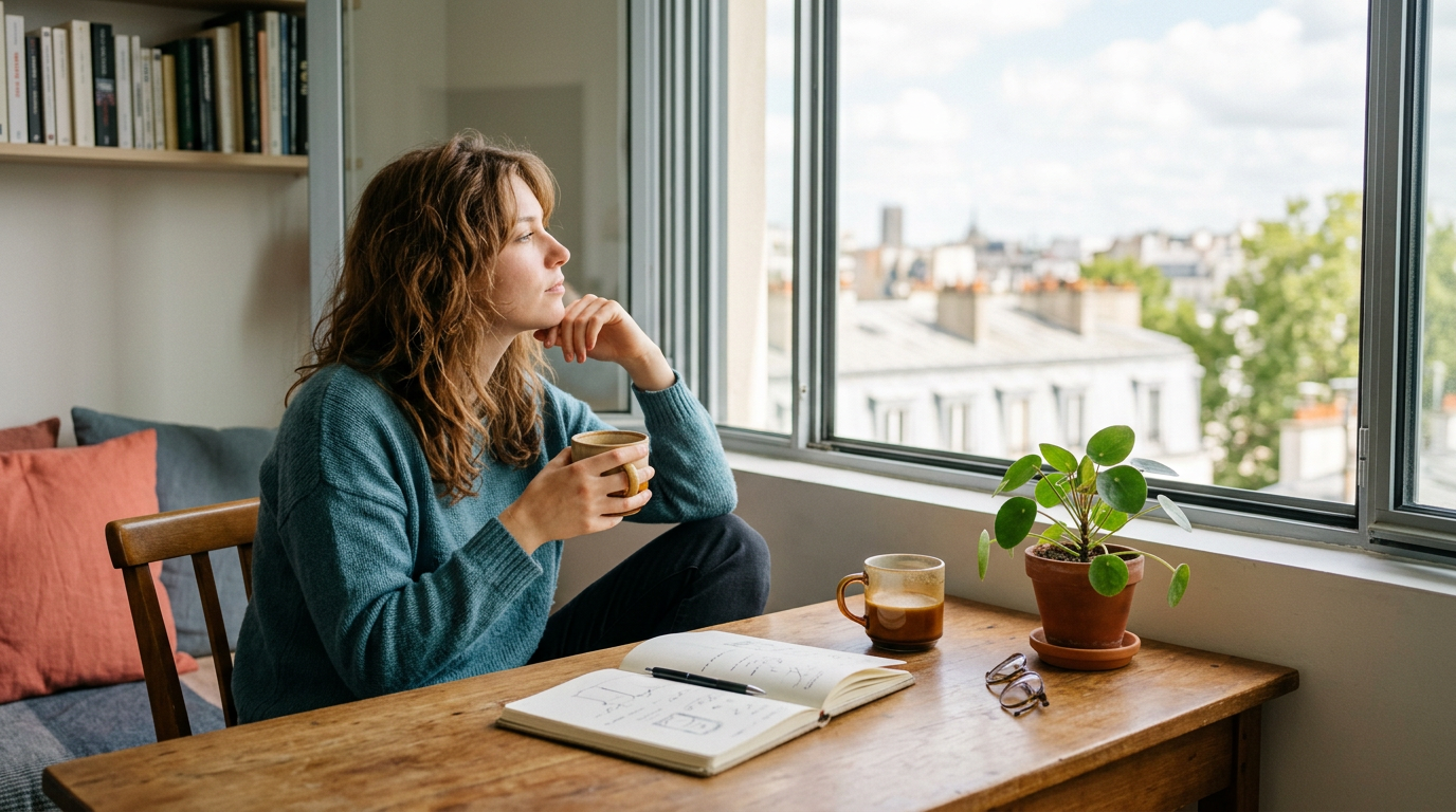 An independent professional pausing at a sunlit desk to weigh how to win and price client work