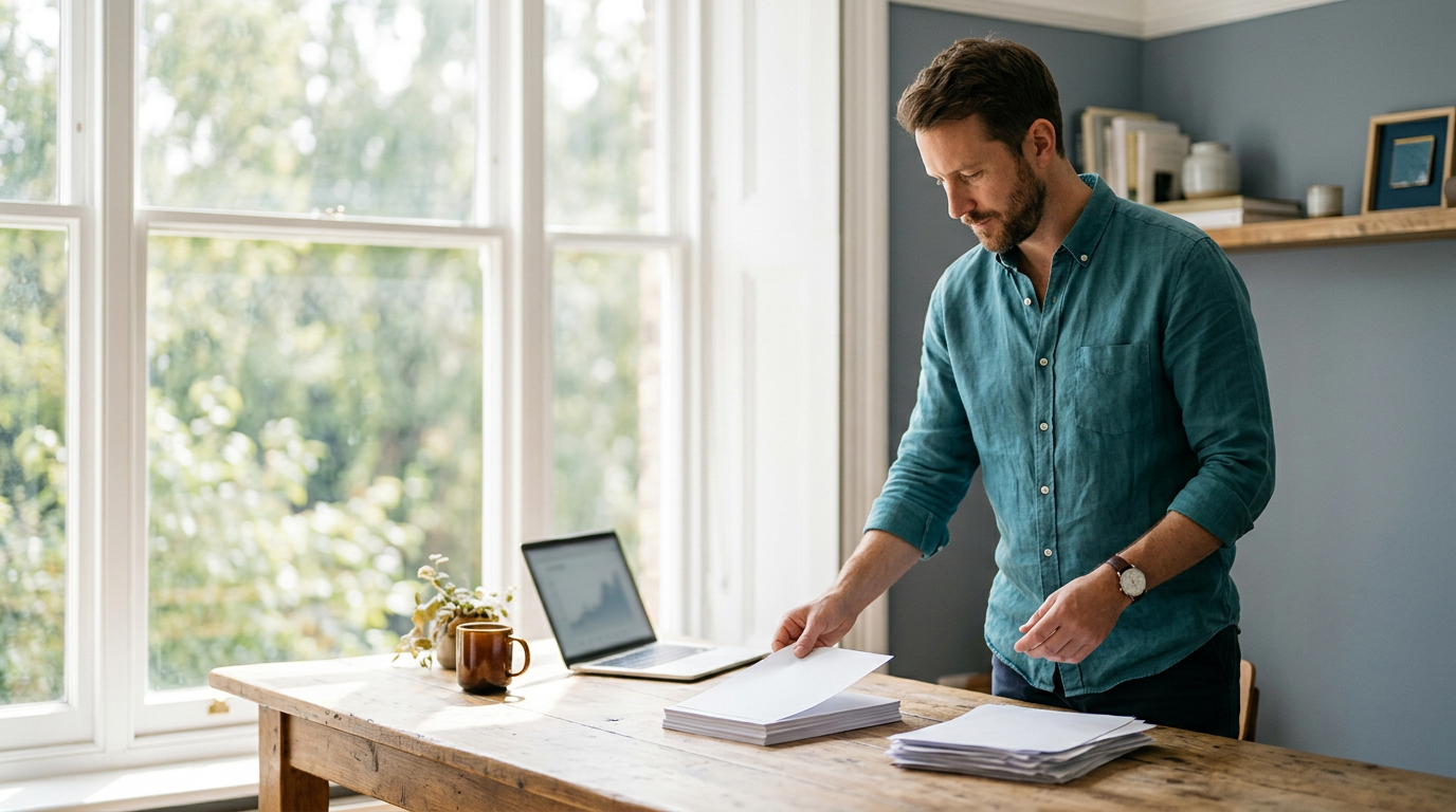 A person at a sunlit table sorting papers into two piles beside a laptop